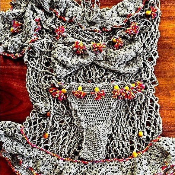 GRAY BIKINI AND SWIM COVER SET WITH MULTI COLORED TASSELS - Picture 6 of 17